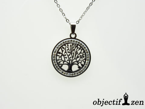 collier fantaisie argenté arbre de vie strass objectif zen
