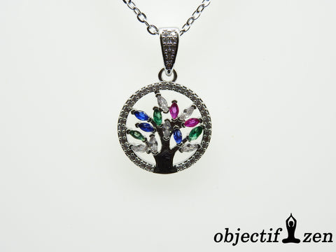 collier fantaisie argenté arbre de vie strass couleur objectif zen