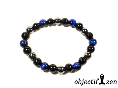 bracelet oeil de tigre bleu hématite obsidienne 8mm objectif zen