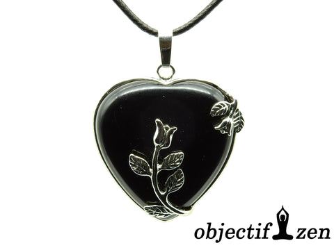 pendentif coeur fleurs onyx noir objectif zen