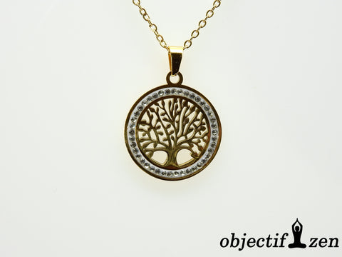 collier fantaisie doré arbre de vie strass objectif zen